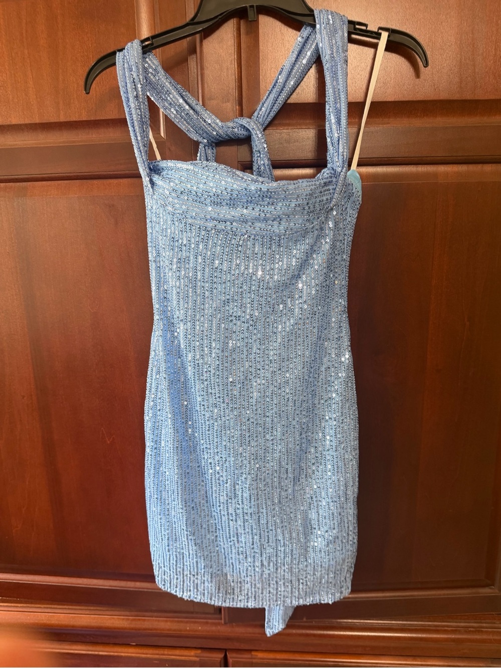 Lucy in the Sky light blue sequin halter dress.